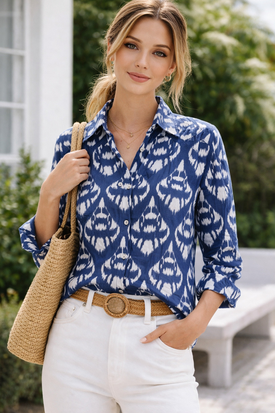 Talbots Blue Ikat Cotton Button Front Shirt Size Medium